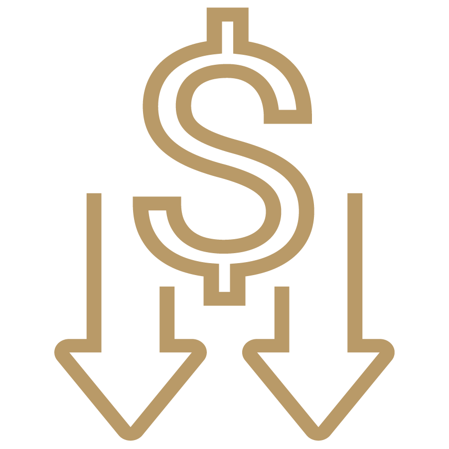 Gold icon, dollar sign with downwards arrows.