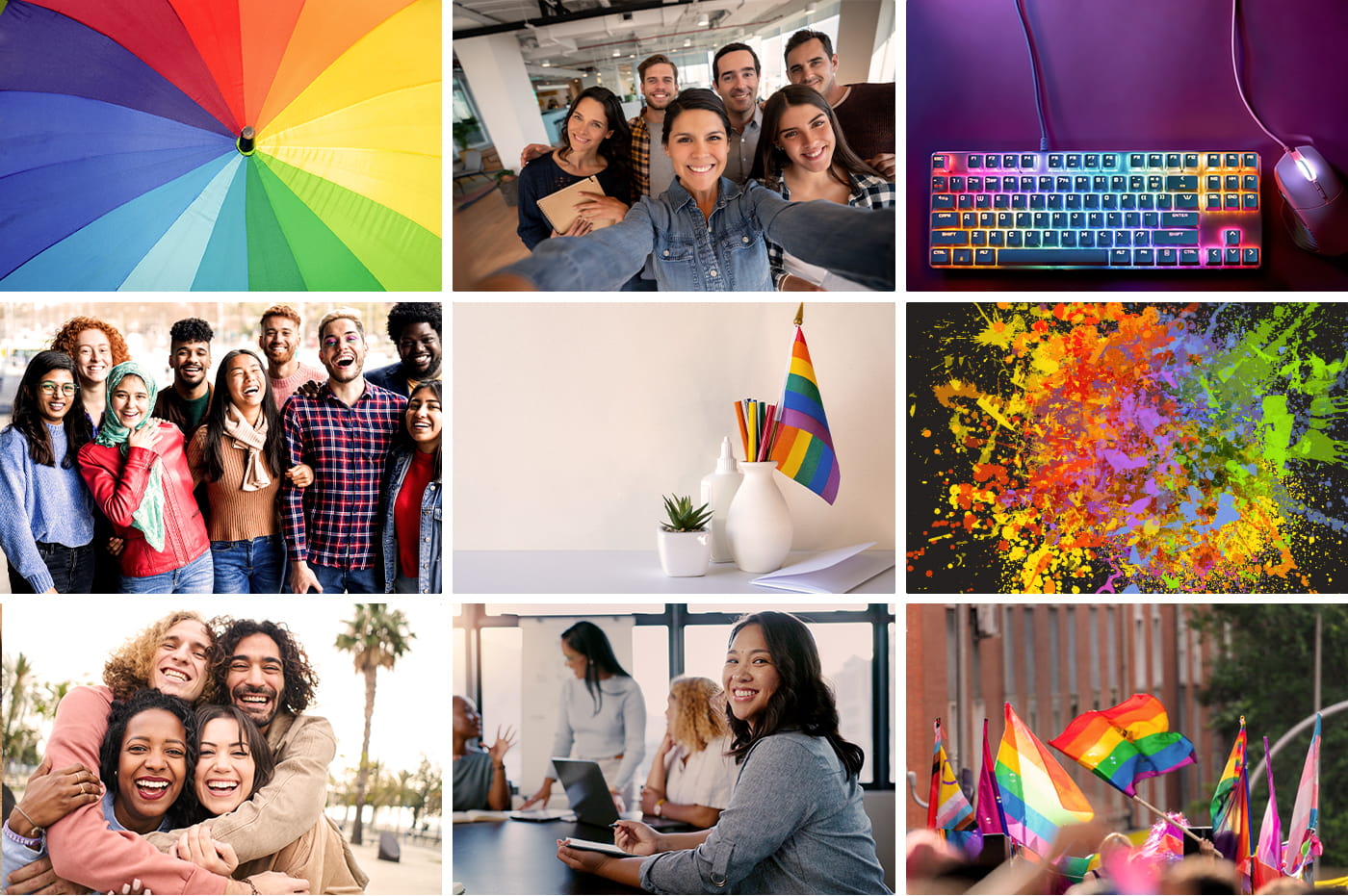 rainbow image collage with groups of people and pride flags