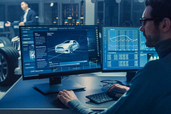 Person designing a car on a computer