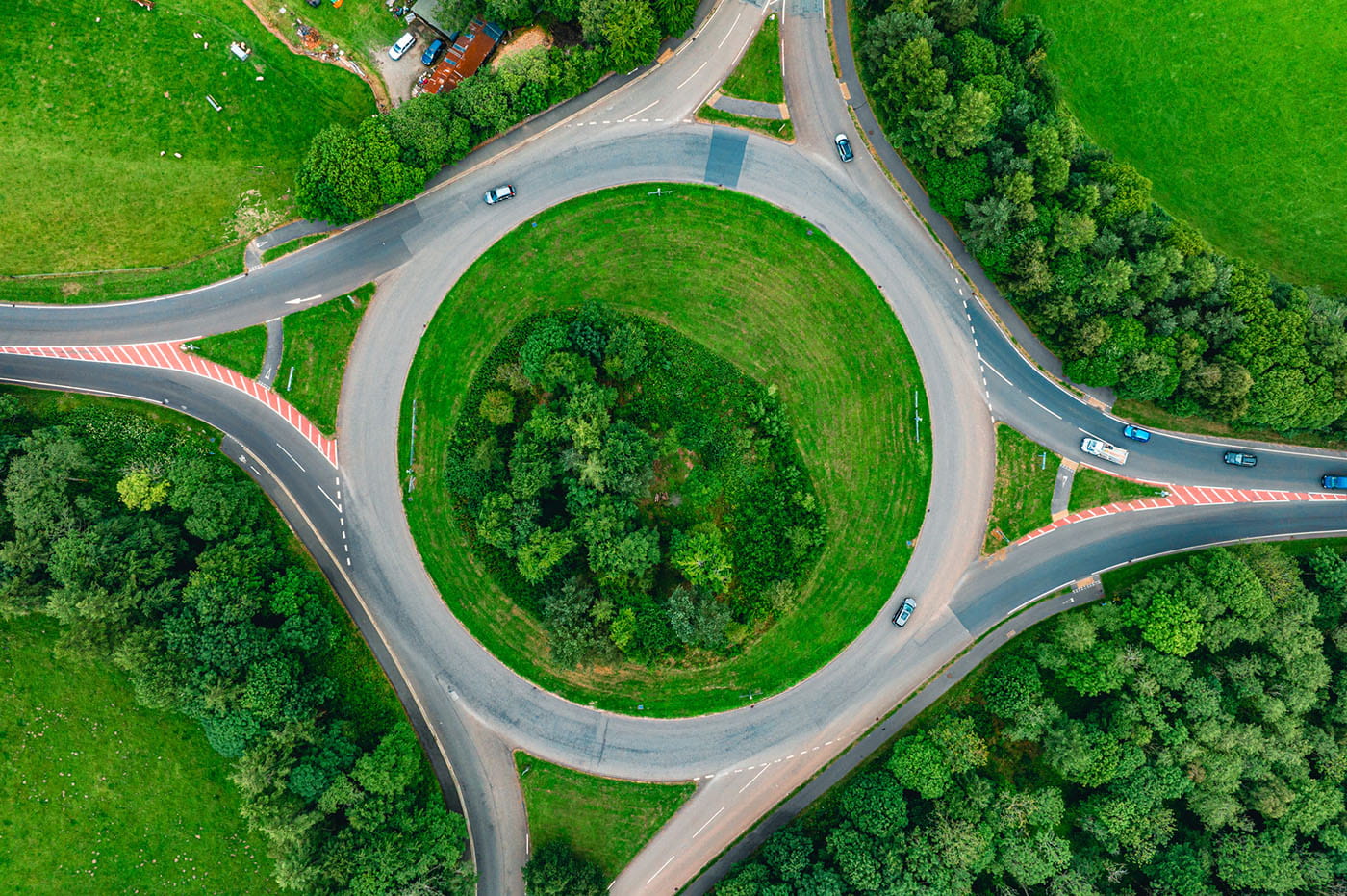 Birds-eye view of a roundabout.