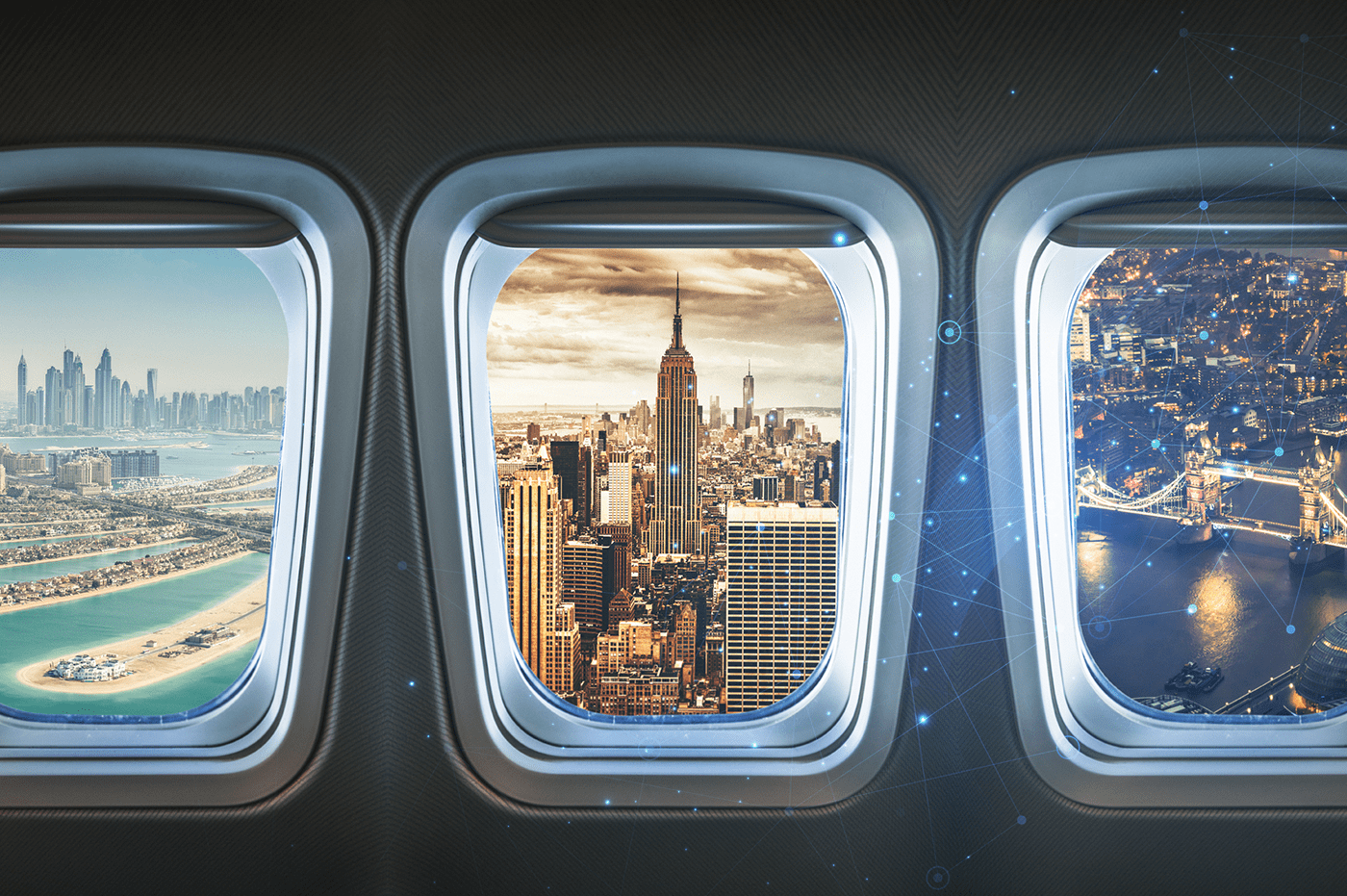 Airplane windows showing popular vacation destinations.