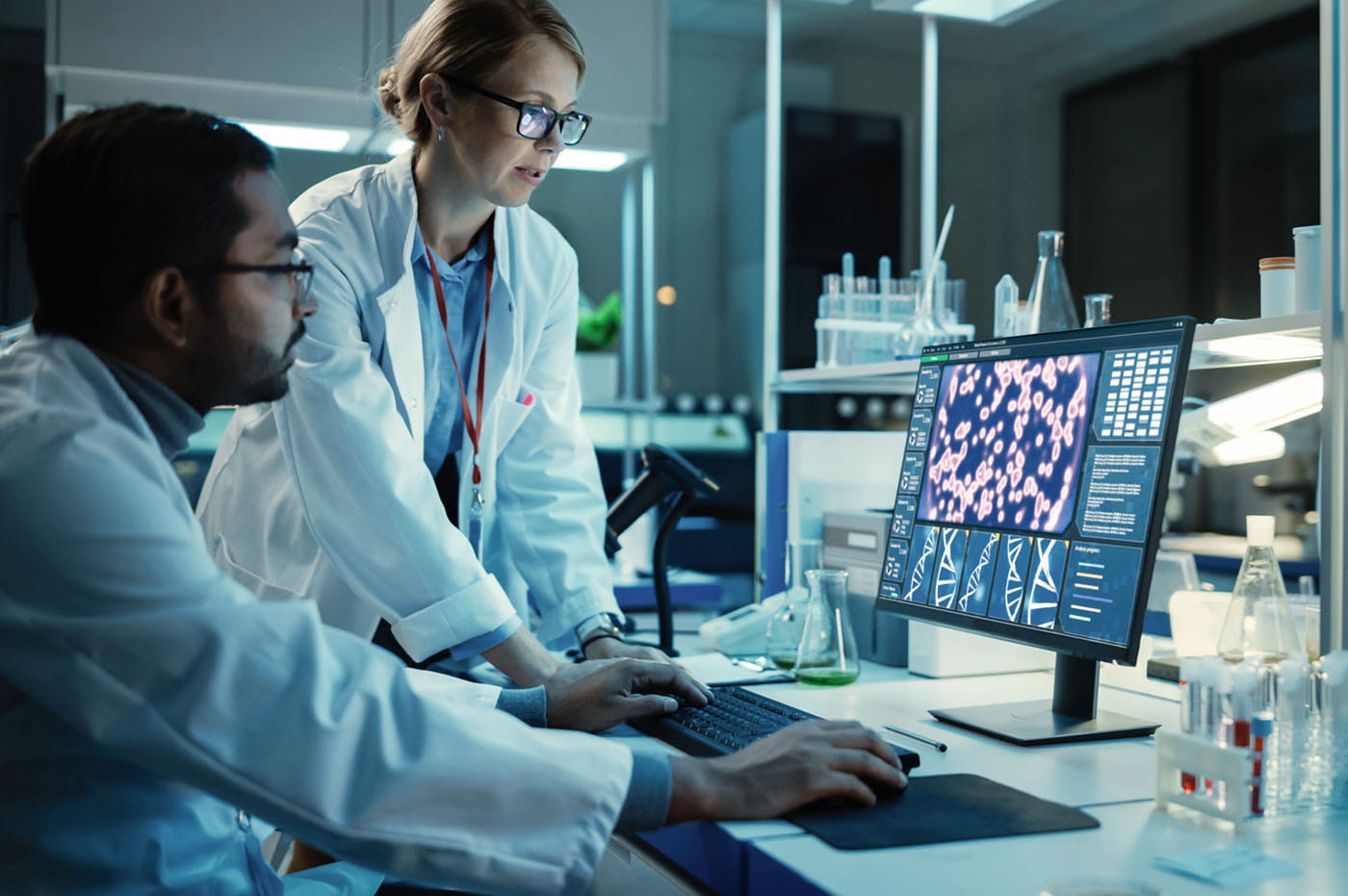 Doctors looking at scans and research on a computer.